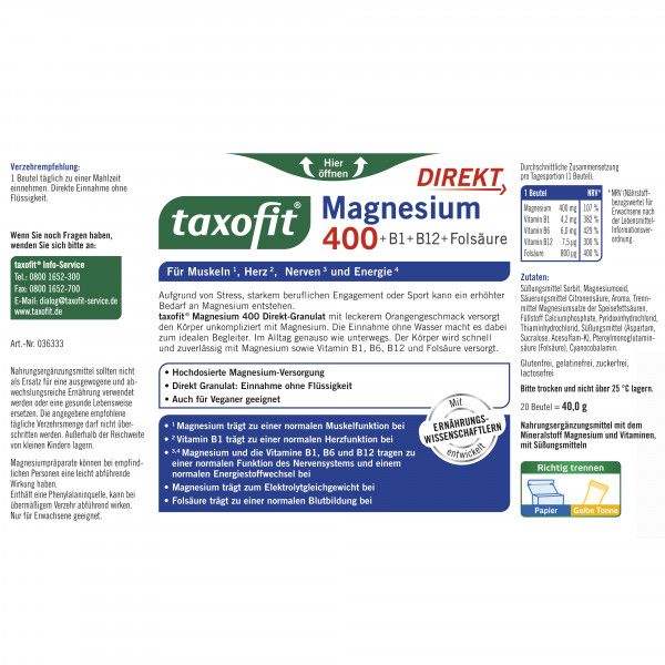 bodyguardapotheke TAXOFIT Magnesium 400+B1+B6+B12+Folsäure 800 Gran Muttertagsangebot